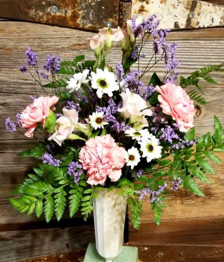 Pink, white, and purple fresh flower arrangement for Memorial Day. Available by special request only.
