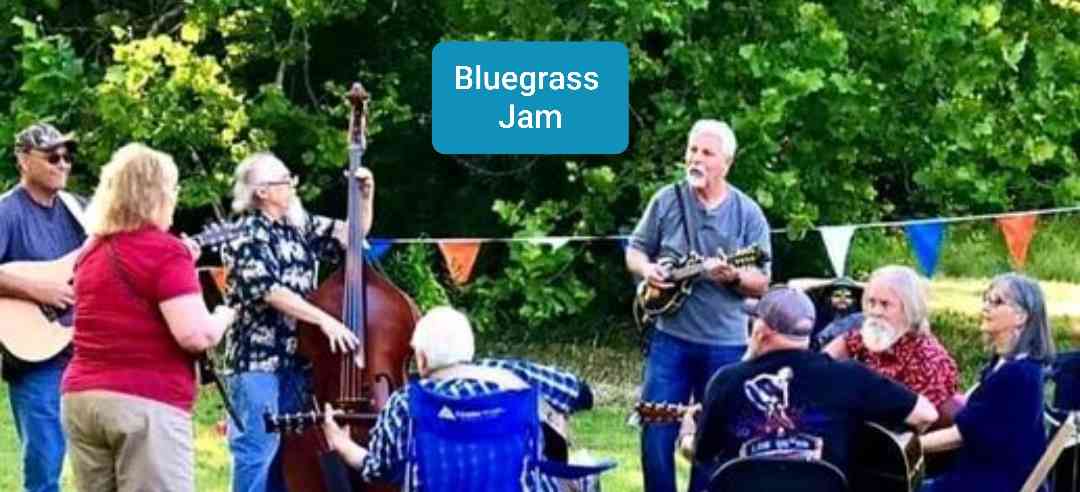 Photo of various players from a previous bluegrass jam with 