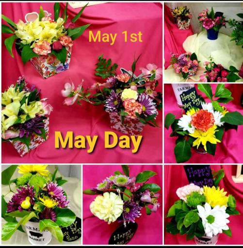 Various May Day flower buckets and baskets on a bright pink background