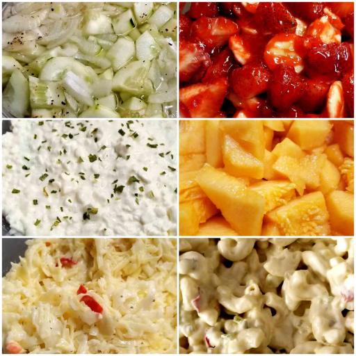 Cucumber & Onions, Strawberries & Bananas, Cottage Cheese, Cantaloupe, Coleslaw, and Macaroni Salads